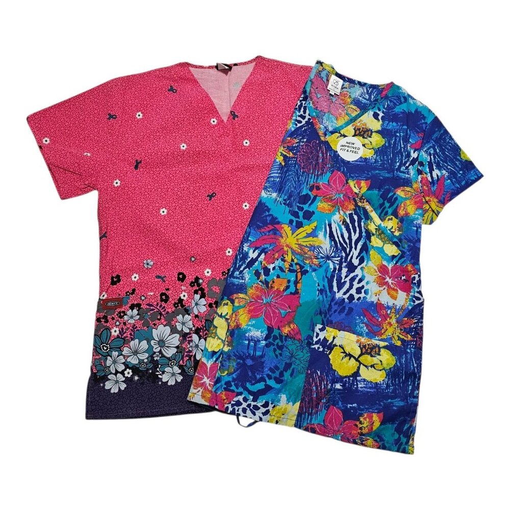 Scrub Tops Mixed Brands Large Colorful Floral Pattern Denice B Scrubs Bundle 2